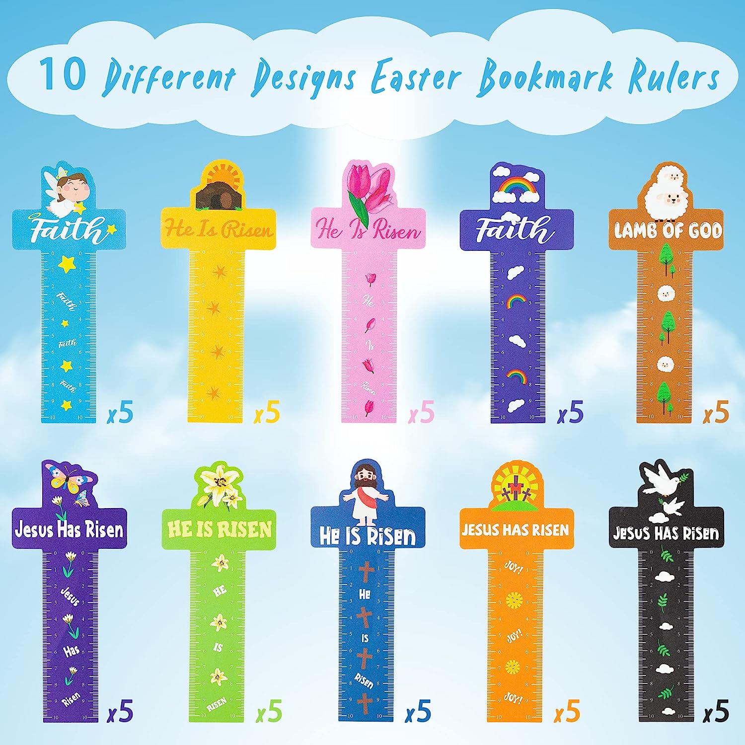 EGuangwiua 50Pcs Jesus Cross Bookmark Ruler for Kids He is Risen Religious Measuring Ruler Bookmark School Classroom Student Reward Spring Summer Holiday Christmas Present Birthday Gift Party Supplies