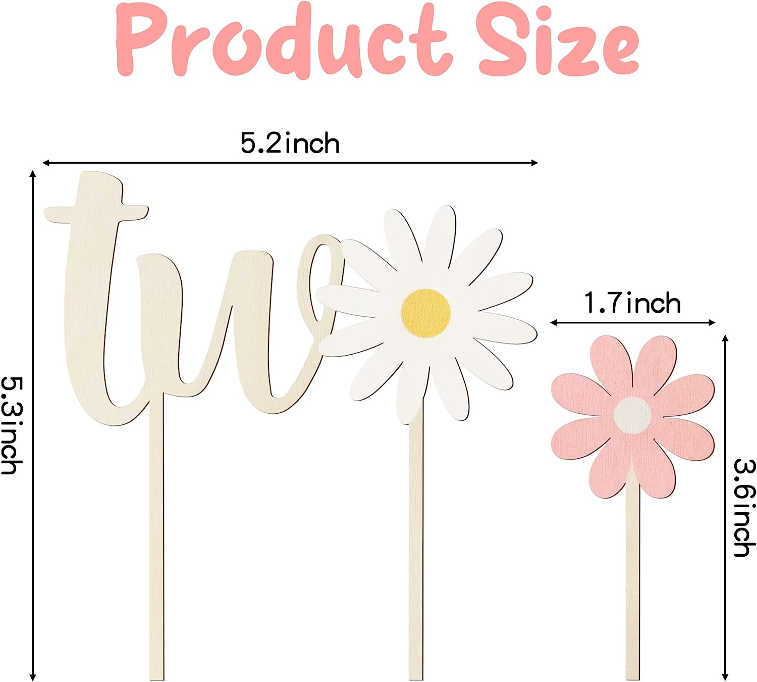 EGuangwiua 5pcs Daisy Wooden TWO Cake Toppers Painted Colorful Boho Groovy Daisy Flower Dessert Cupcake Topper Decors for Kid’s Two Years Old Birthday Party Baby Shower Party Favors Supplies